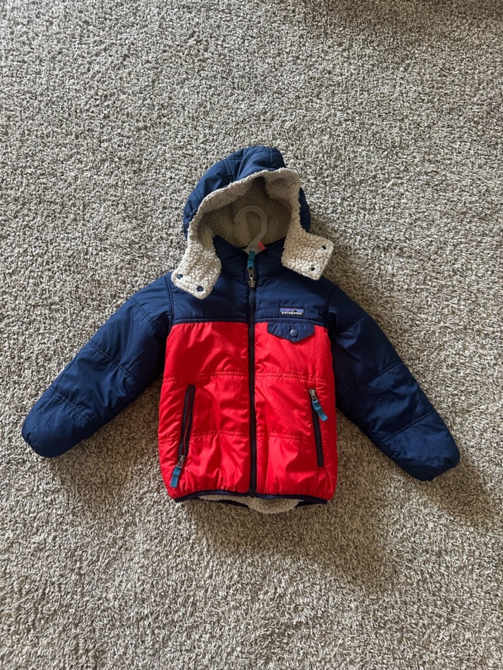 Patagonia Navy and Red Kids Hooded Puffer Jacket Tribbles reversible